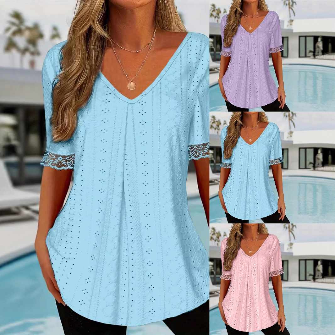 Women's Solid V-Neck Loose Short Sleeve Pleated T-Shirt