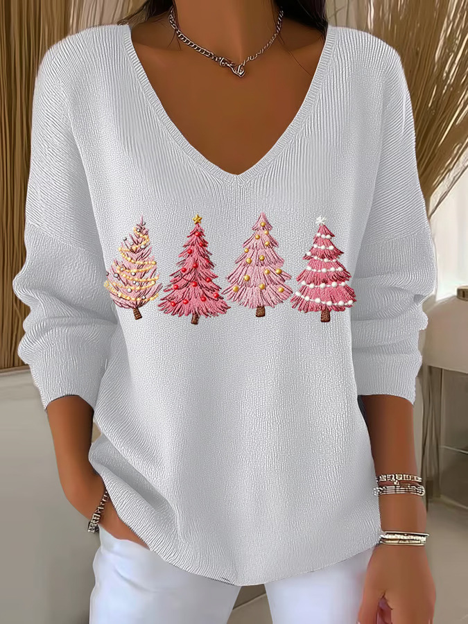 Halloween Plant & Tree Print V-Neck Long-Sleeve T-Shirt for Women