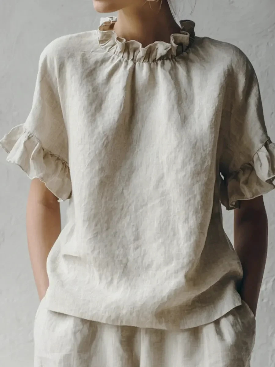 Women's Summer Solid Ruffle Short Sleeve Loose Casual Top