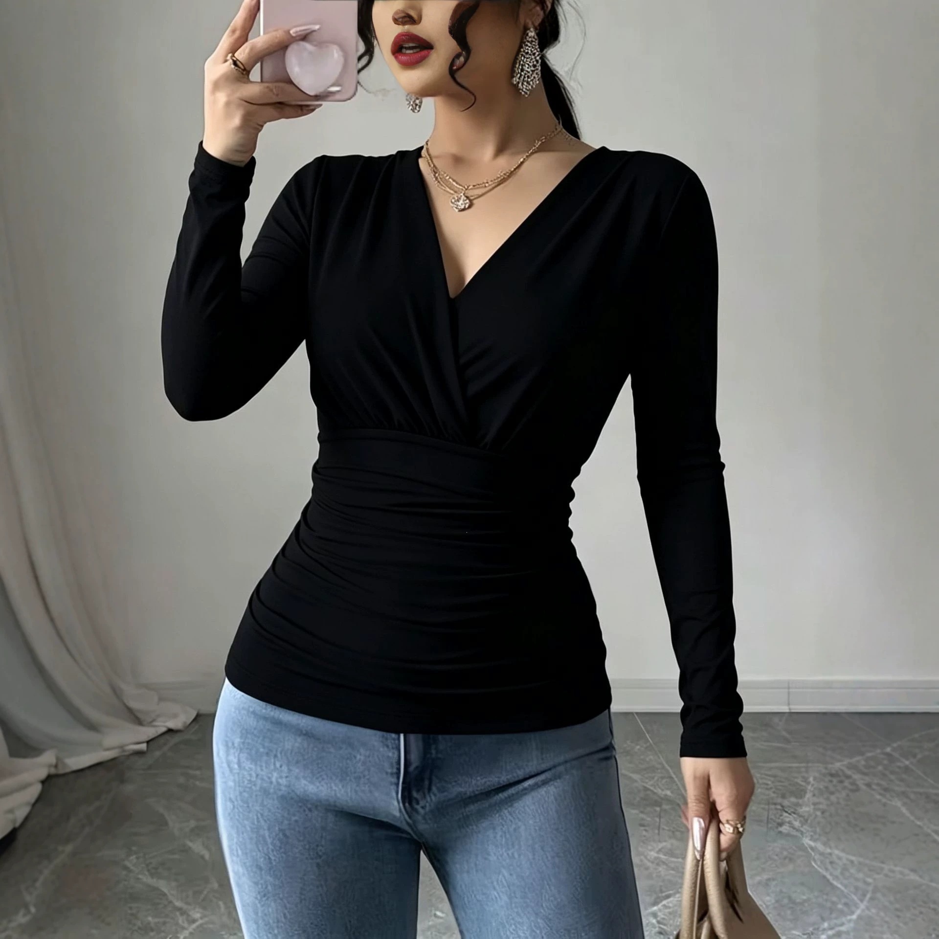 Women's French Cross V-Neck Ruched Waist Slimming Long Sleeve T-Shirt