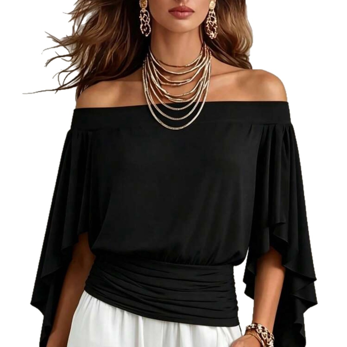 Women's Elegant Solid Color T-Shirt with Flare Sleeves and Off-Shoulder Neckline