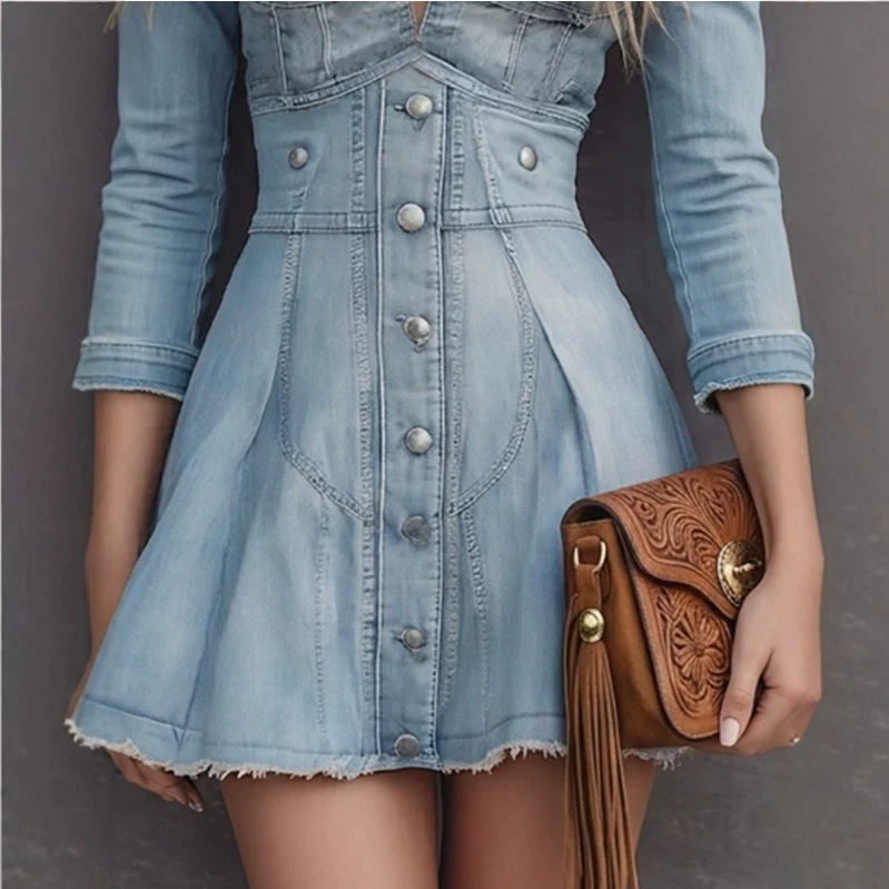 Women's V-Neck Denim Mini Dress Long Sleeve Casual