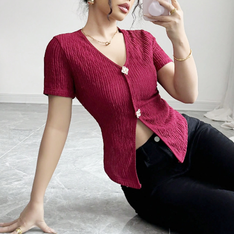 Women's Red V-Neck Short Sleeve Top with Metal Button Detail