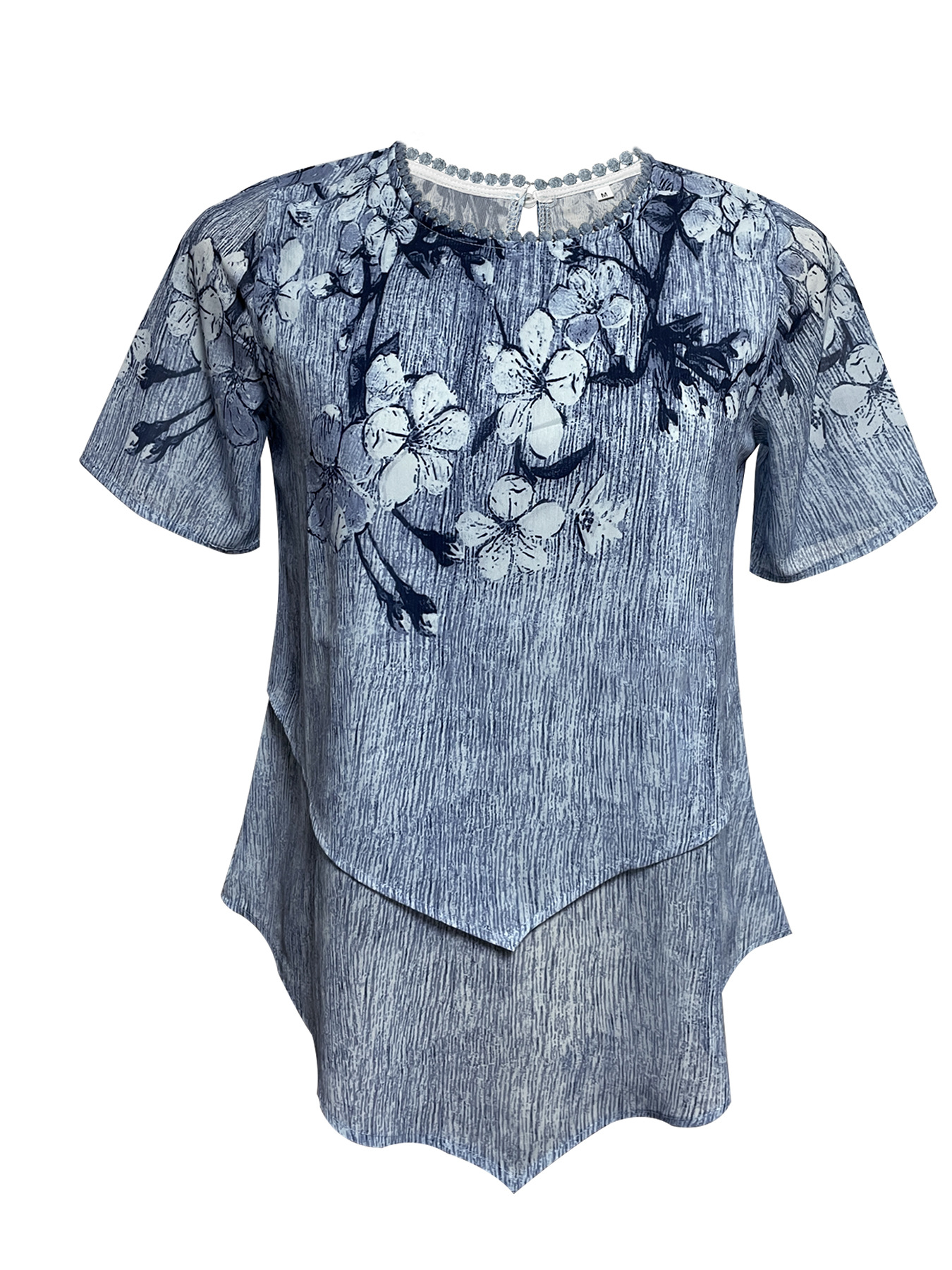 Floral Print Round Neck Asymmetric Short Sleeve Double-Layer Top