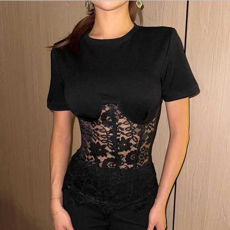 Women's Sexy Lace Perspective Patchwork Crop Top