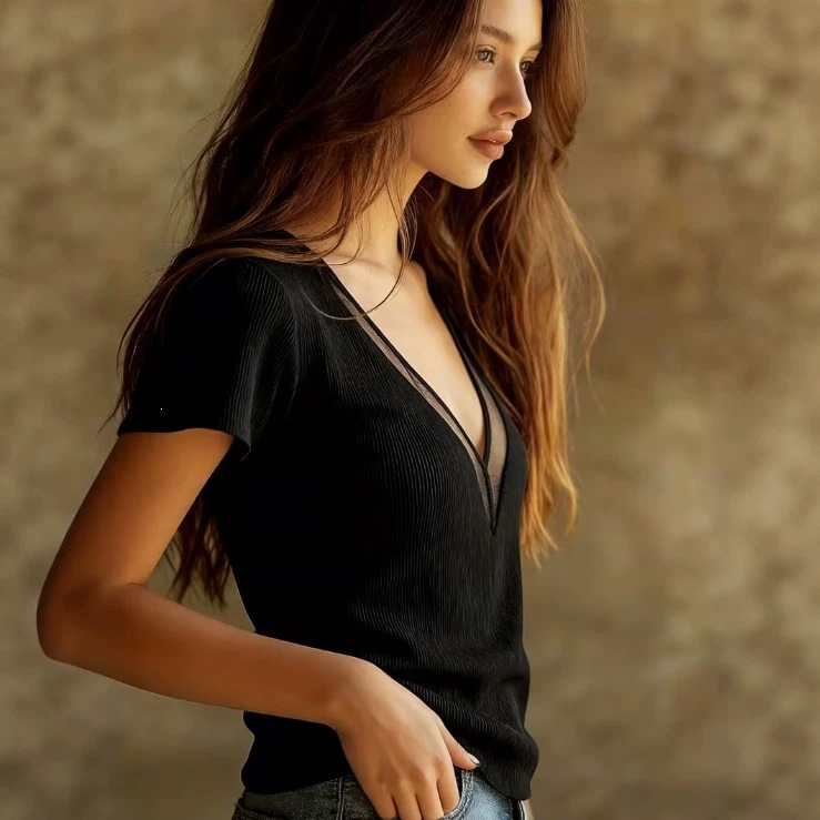 Women's Sheer Mesh V-Neck Slim Short Sleeve Knit Top