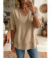 Women's Loose V-Neck Frayed Short-Sleeve T-Shirt Solid Casual Top