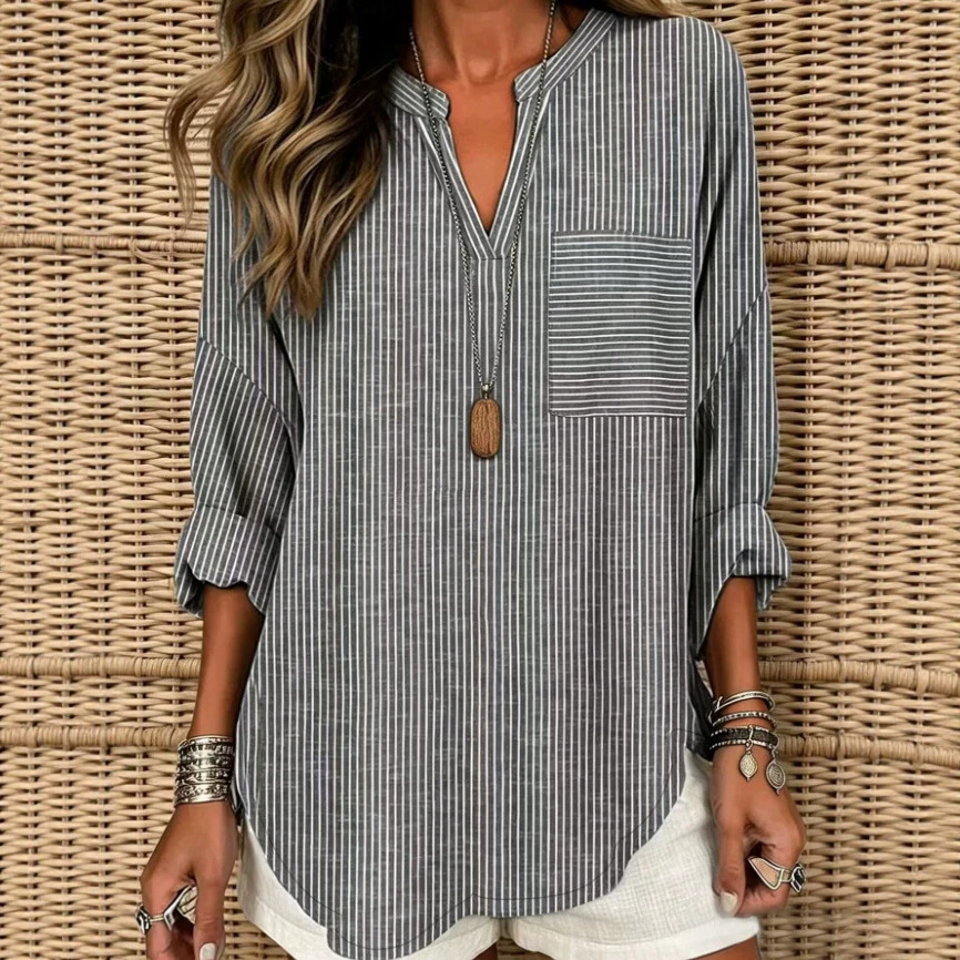 Women's Striped V-Neck Loose Fit Pocket Blouse
