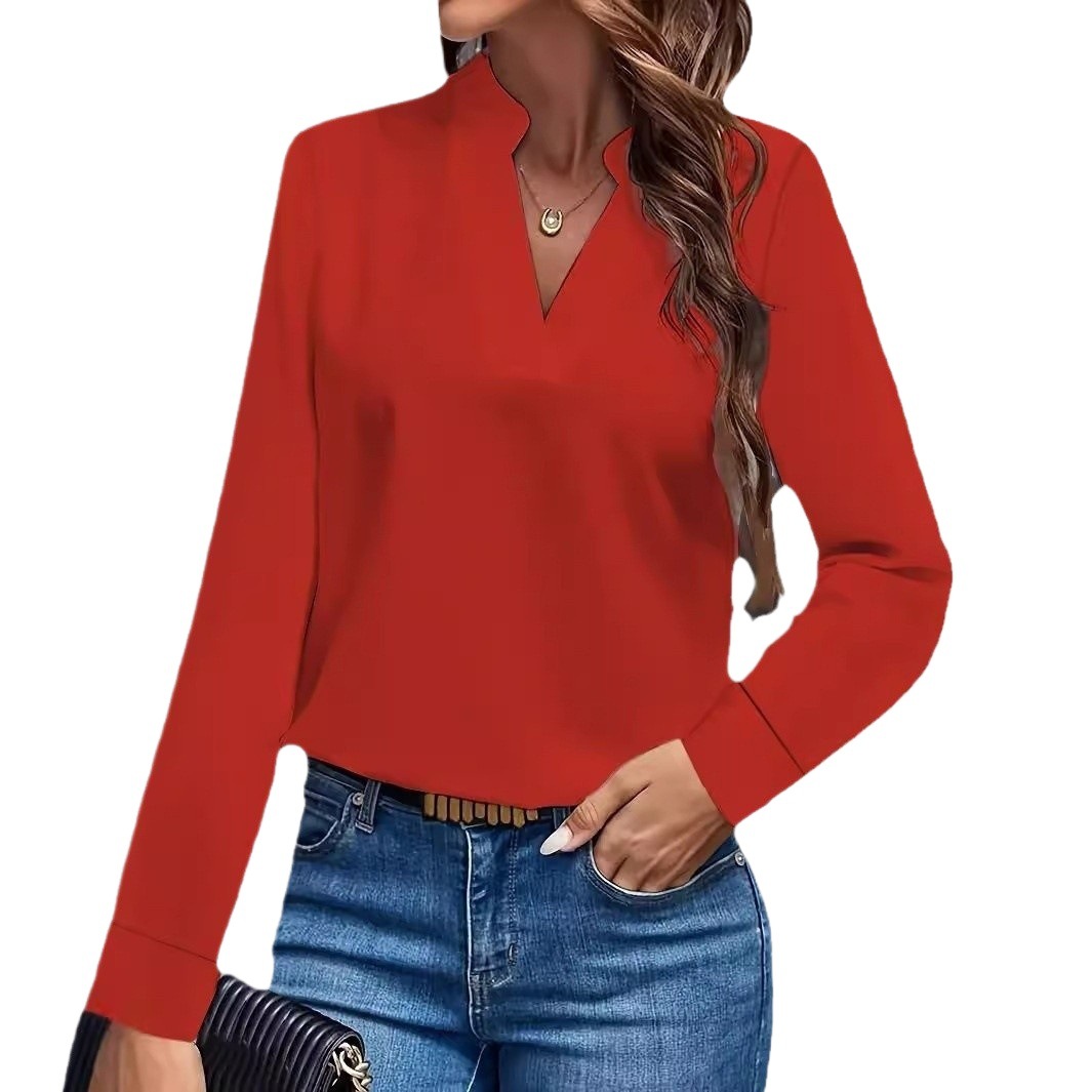 Women's V-Neck Loose Fit Solid Color Long Sleeve Shirt