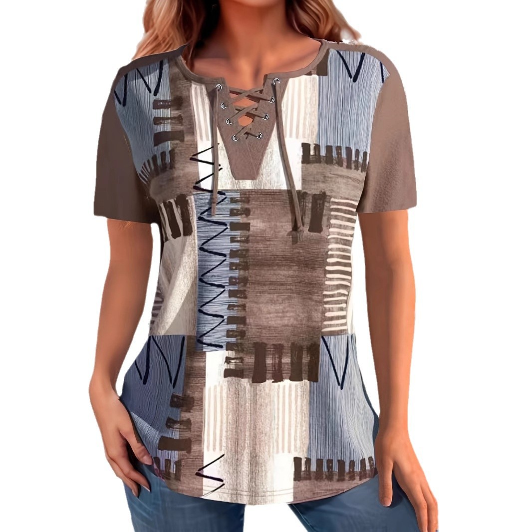 Women's Eyelet Lace-Up Short-Sleeve Slit T-Shirt Light Coffee