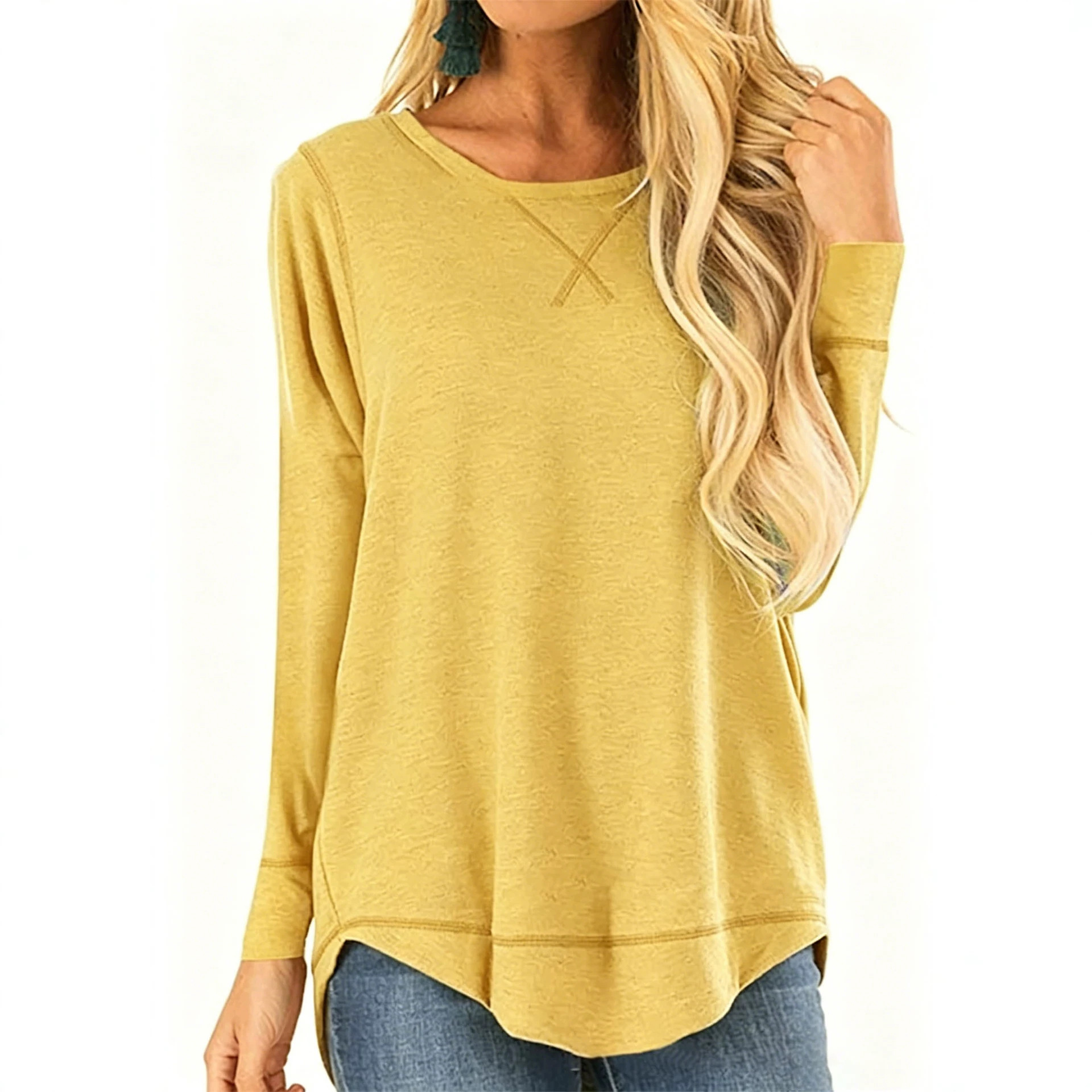 Women's Crewneck Long Sleeve T-Shirt Solid Loose High-Low Hem Casual Top