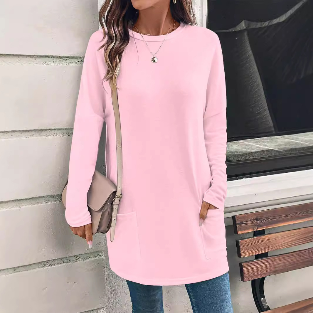 Women's Solid Color Long Sleeve Loose Crewneck Pocket T-Shirt