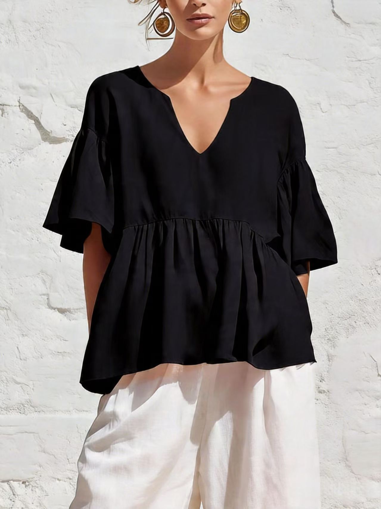 Women's Solid V-Neck Ruffle Sleeve Loose Knit Top