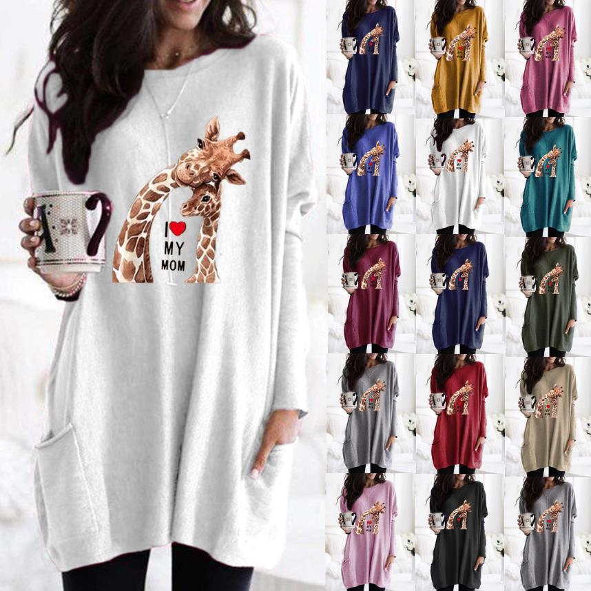 Women's Giraffe Print Long Sleeve Crew Neck Loose T-Shirt