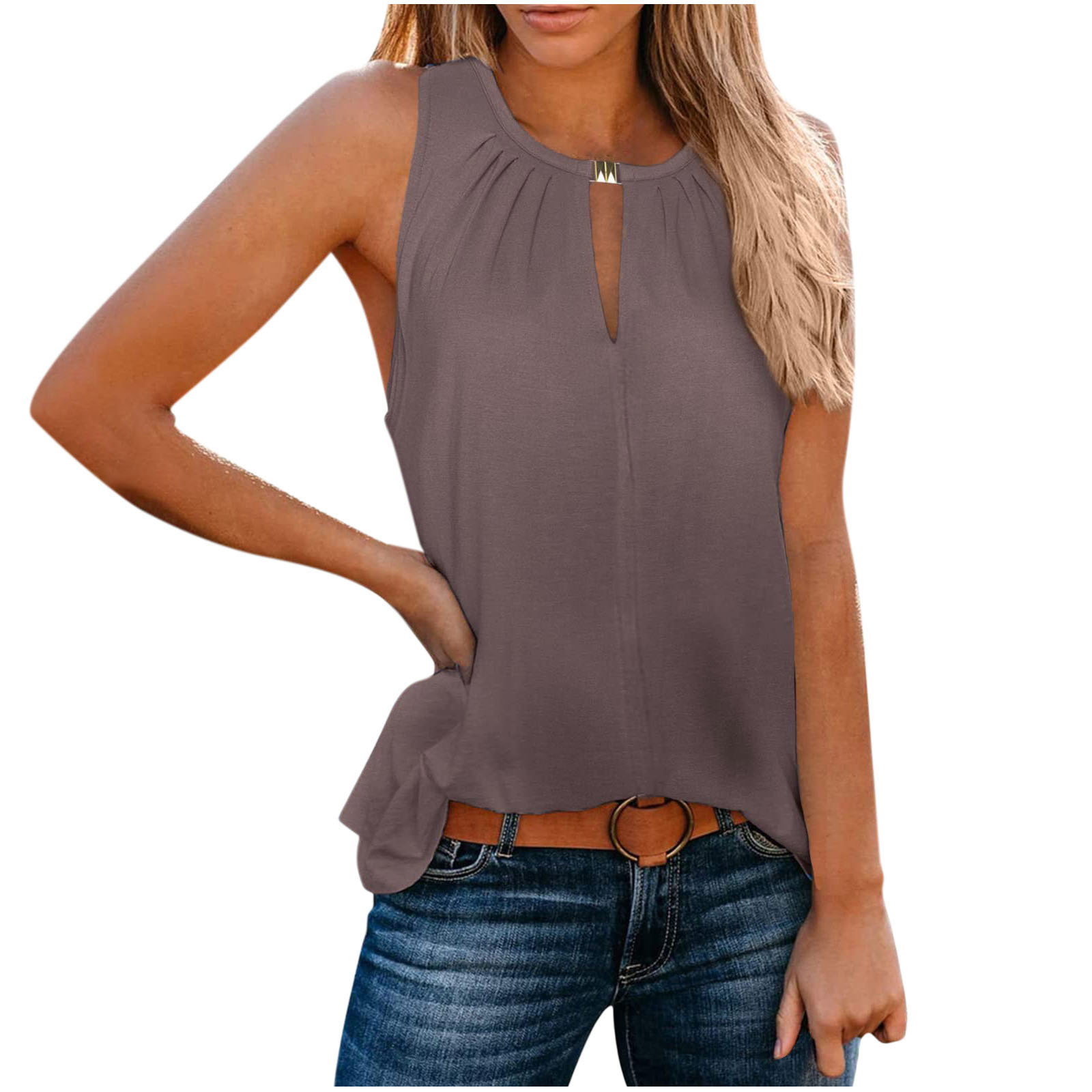 Women's V-Neck Solid Color Tank Top with Buckle Detail