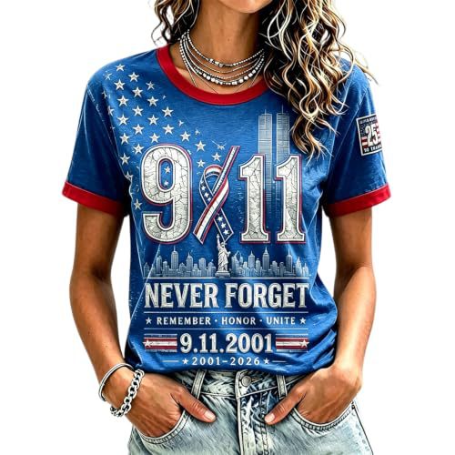 911 Twin Towers Ribbon Flag Print Short Sleeve T-Shirt