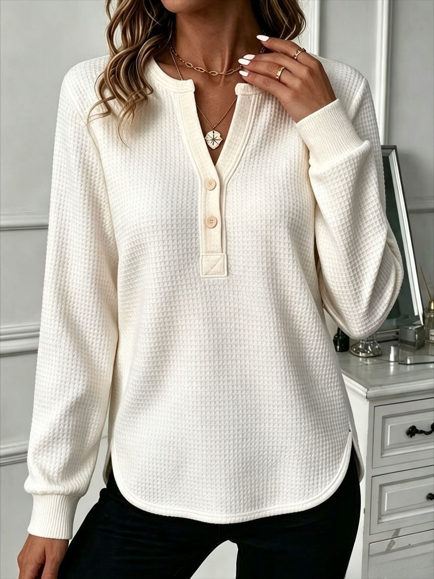 Waffle Knit V-Neck Button Loose Fit Long Sleeve Top