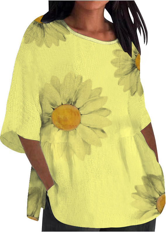 Chrysanthemum Print Round Neck 3/4 Sleeve T-Shirt for Women