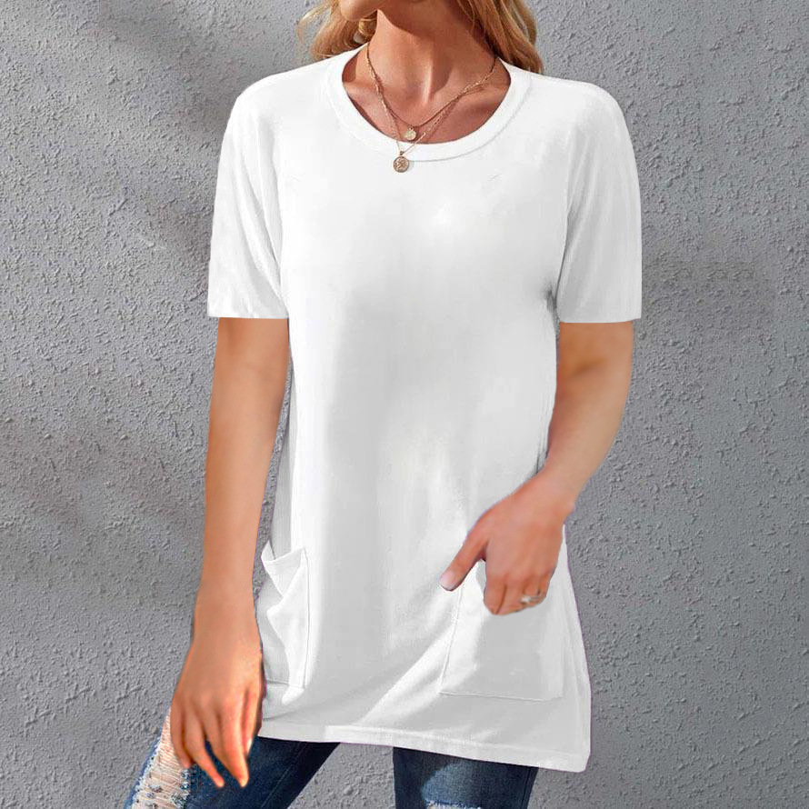 Women's Loose Fit Crewneck Short Sleeve Pocket Solid Midi T-Shirt