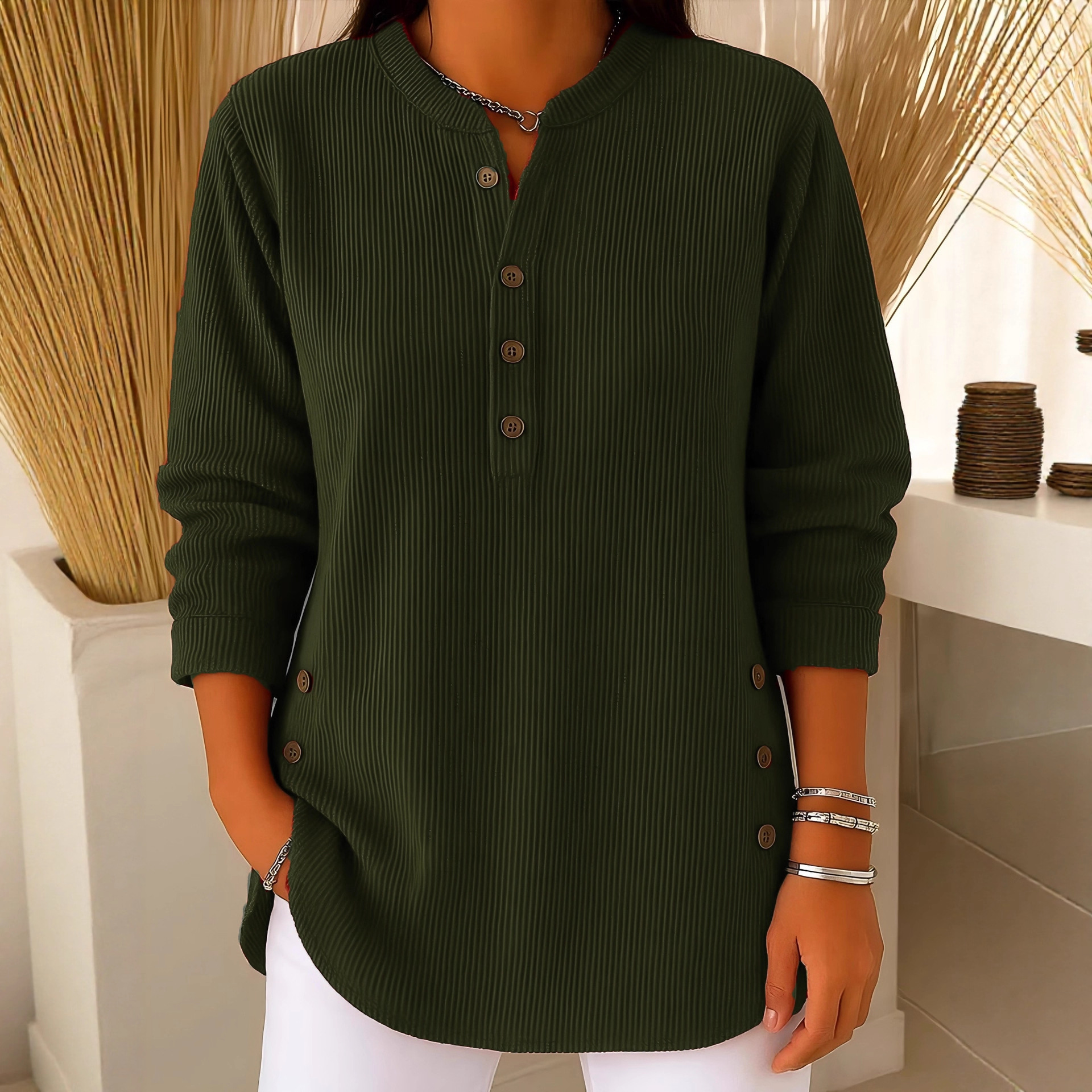 Corduroy Solid V-Neck Button Long-Sleeve Loose Fit Women's Top