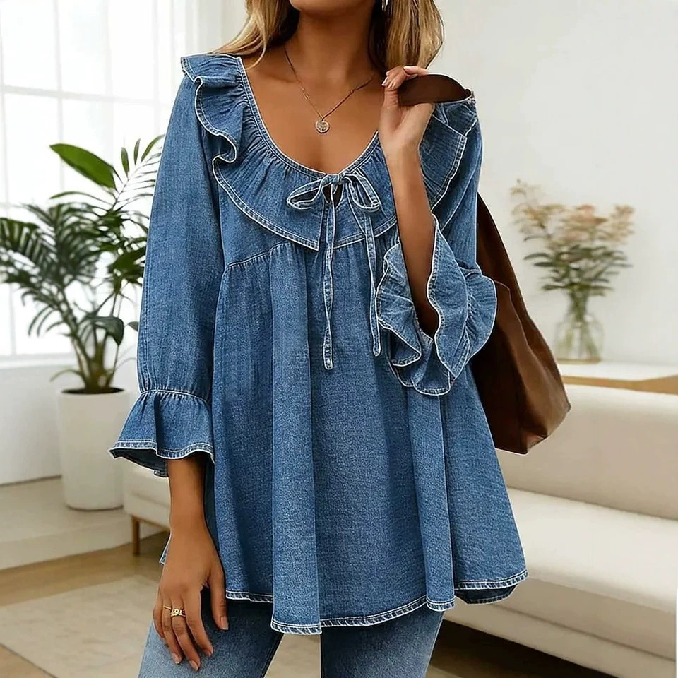 Women's Casual Loose V-Neck Ruffle Sleeve T-Shirt