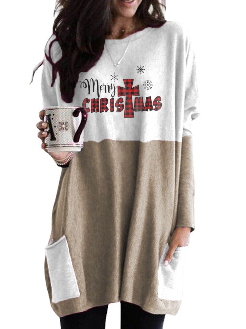 Women's Long Sleeve Color Block Pocket Loose Crewneck T-Shirt