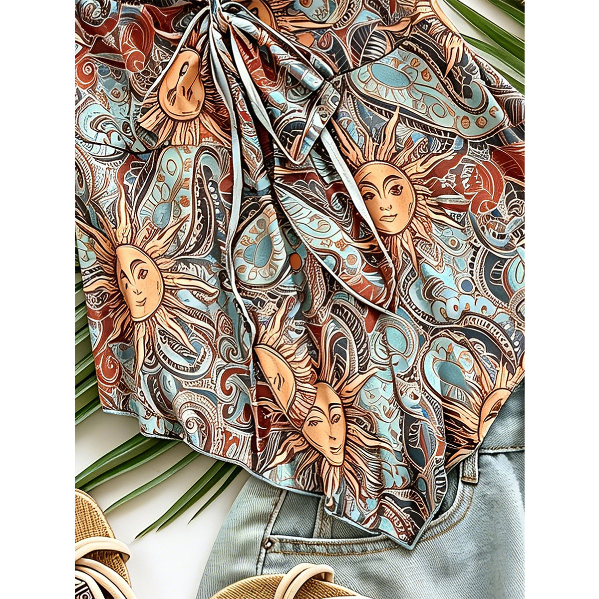 Plus Size Paisley Print Square Neck Tie-Front Short Sleeve Top