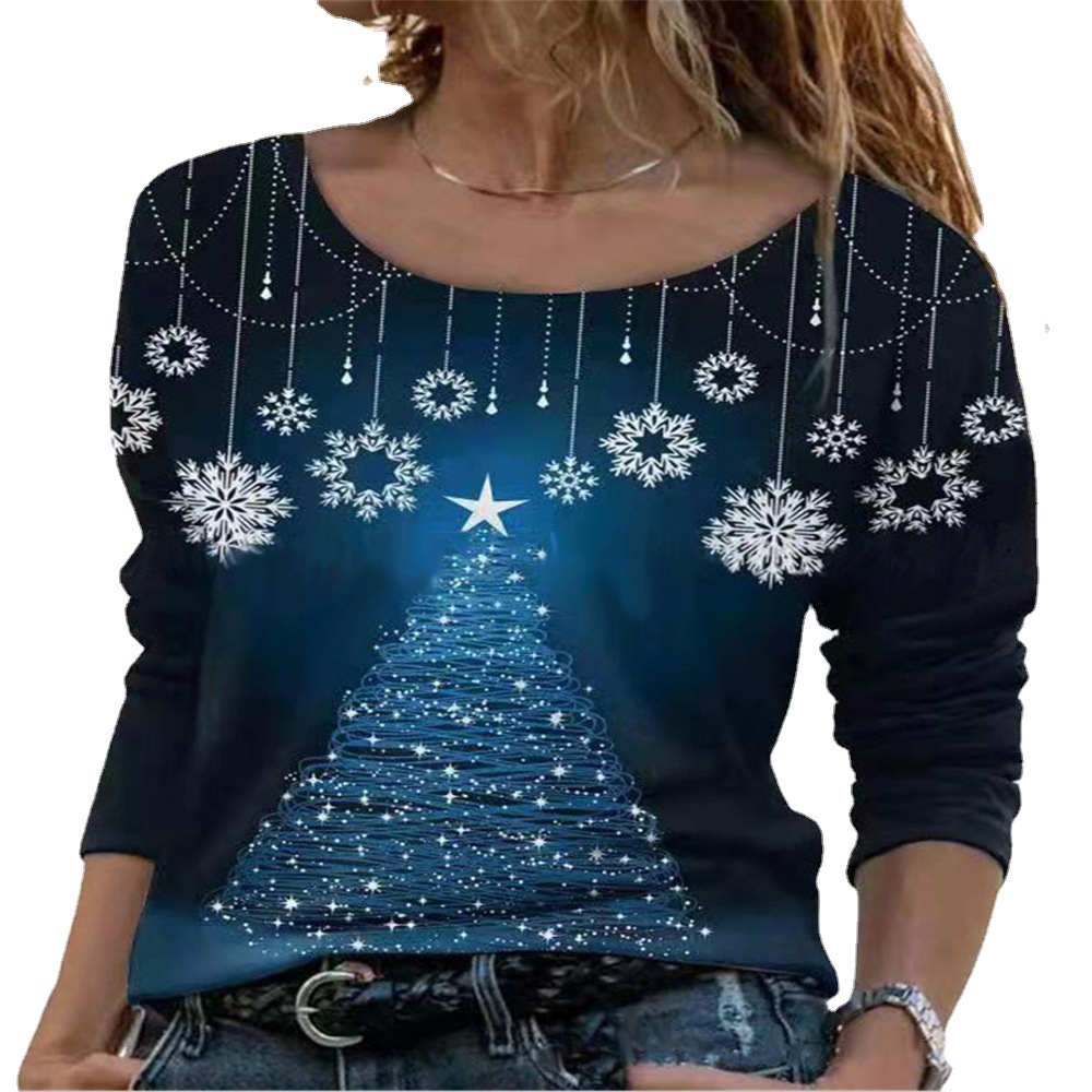 Christmas Floral Print Loose Crewneck Pullover Top T-Shirt