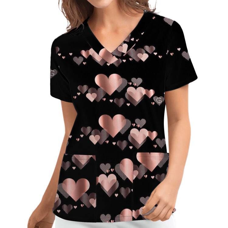 Digital Print Heart Short Sleeve Scrub Top V-Neck Loose Fit