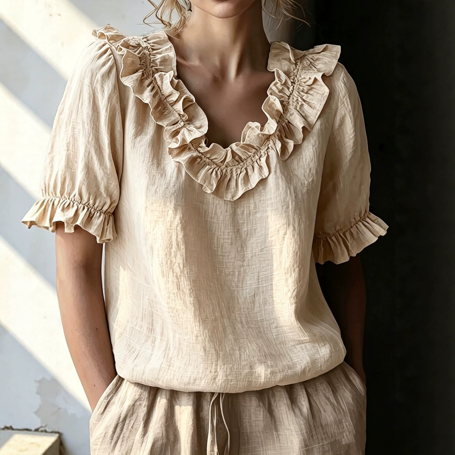 Ruffled Round Neck Short Sleeve Blouse