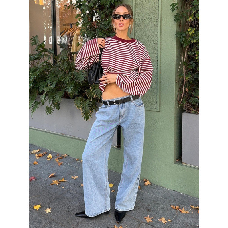 Korean Lazy Style Loose Crewneck Long Sleeve Striped T-Shirt