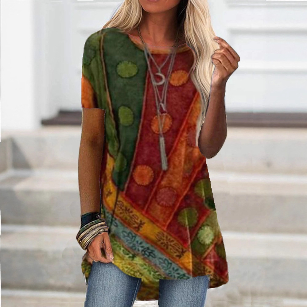 Women's Color-Block Striped Polka Dot Crewneck Short Sleeve Top