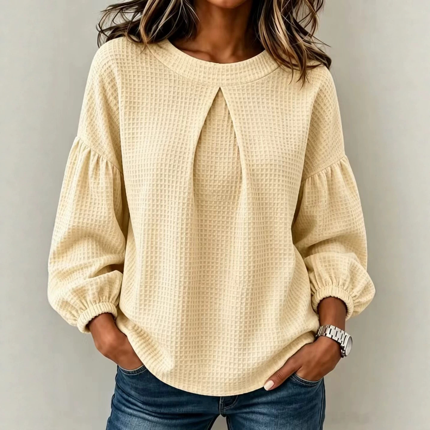 Women's Waffle Knit Crewneck Lantern Sleeve Loose Fit T-Shirt