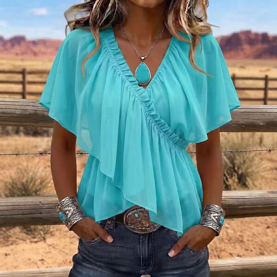 Cross V-Neck Ruched Ruffle Flutter Sleeve Chiffon Top with Cinched Waist and Asymmetrical Hem