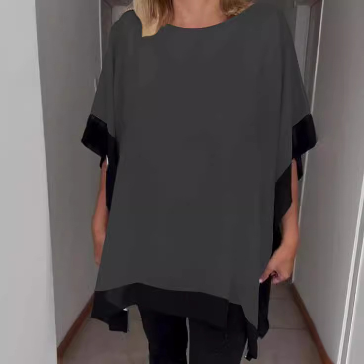 Women's Summer Round Neck Loose Short Sleeve Batwing Sleeve Color Block T-Shirt