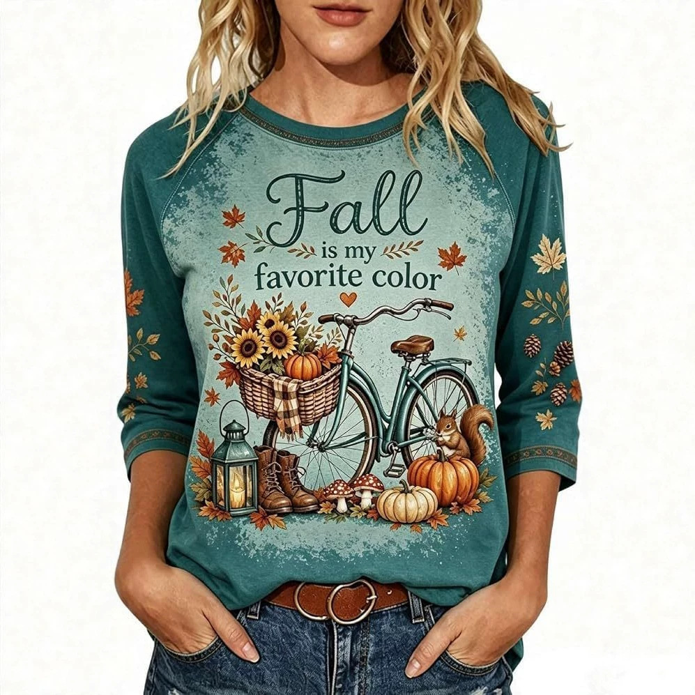 Pumpkin Floral Maple Leaf Letter Print Long Sleeve Women's Top