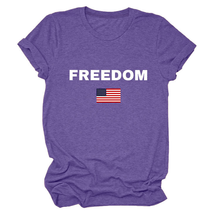 FREEDOM Letter American Flag Print Women's Short Sleeve Top