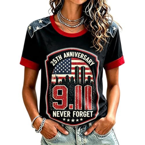 911 Twin Towers Ribbon Flag Print Short Sleeve T-Shirt