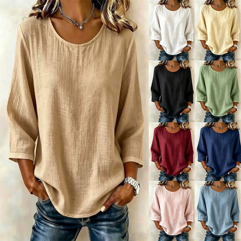Women's Solid Crewneck Nine-Sleeve Loose Casual Top