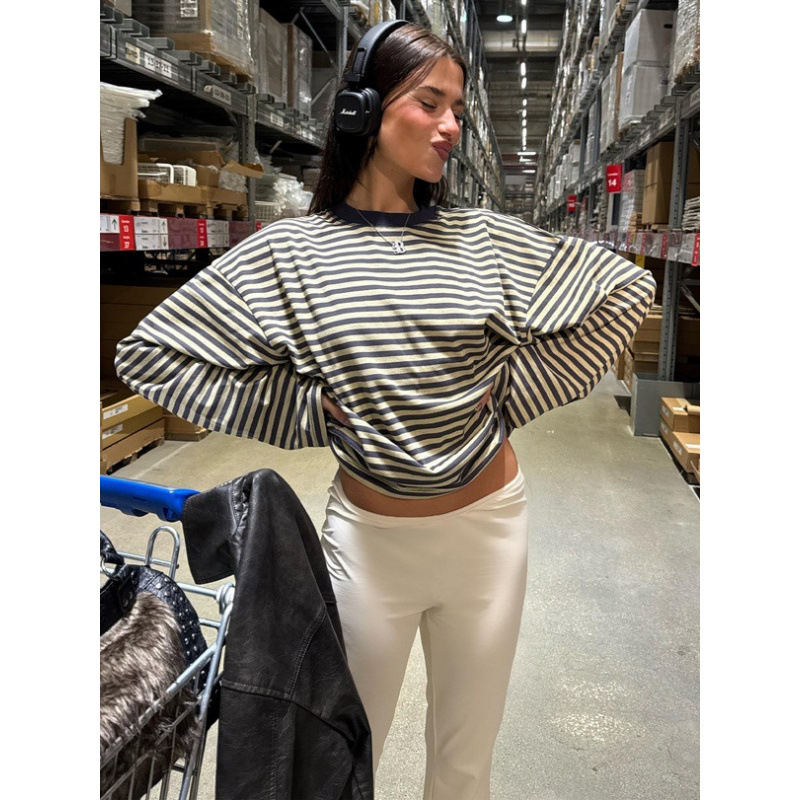 Korean Lazy Style Loose Crewneck Long Sleeve Striped T-Shirt