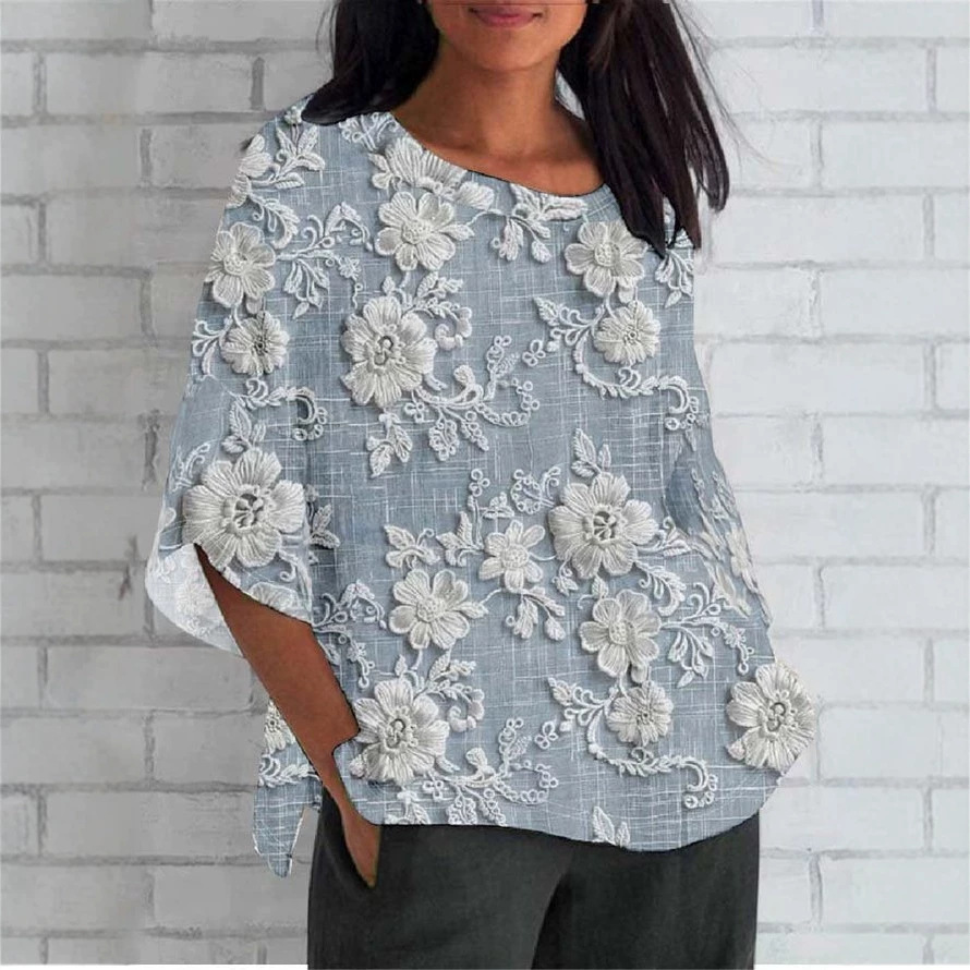 Women's Floral Petal Print Mid-Sleeve Casual Top