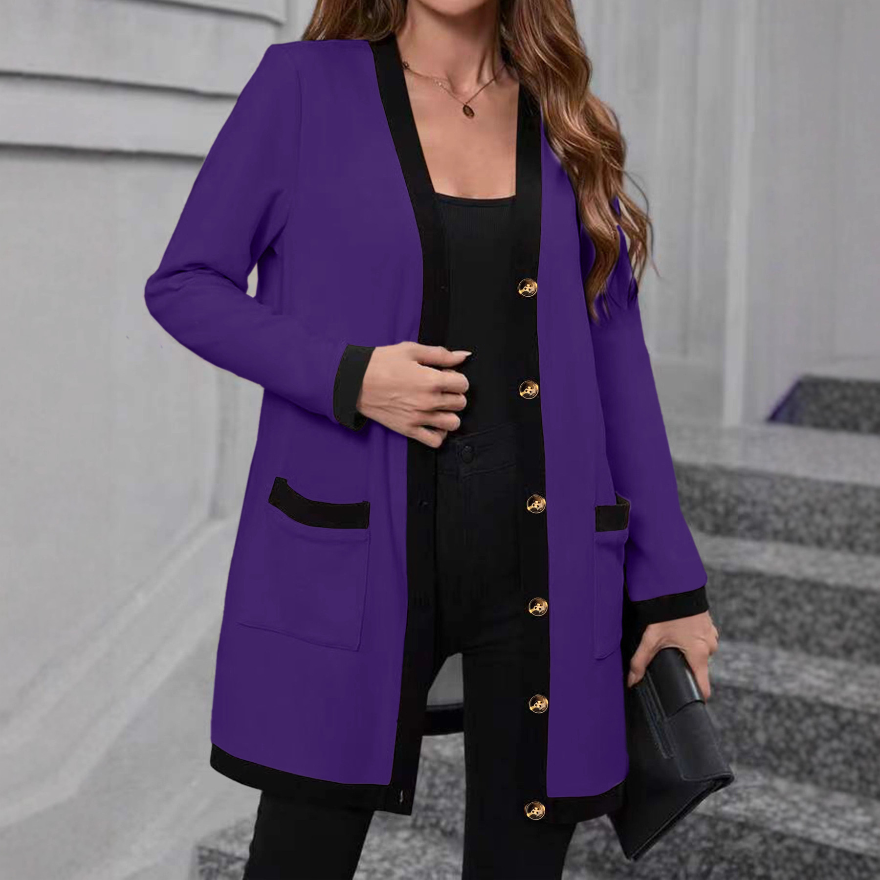 Colorblock Trim Knit Cardigan Women Open Front Midi Pocket Long Sleeve Plus Size