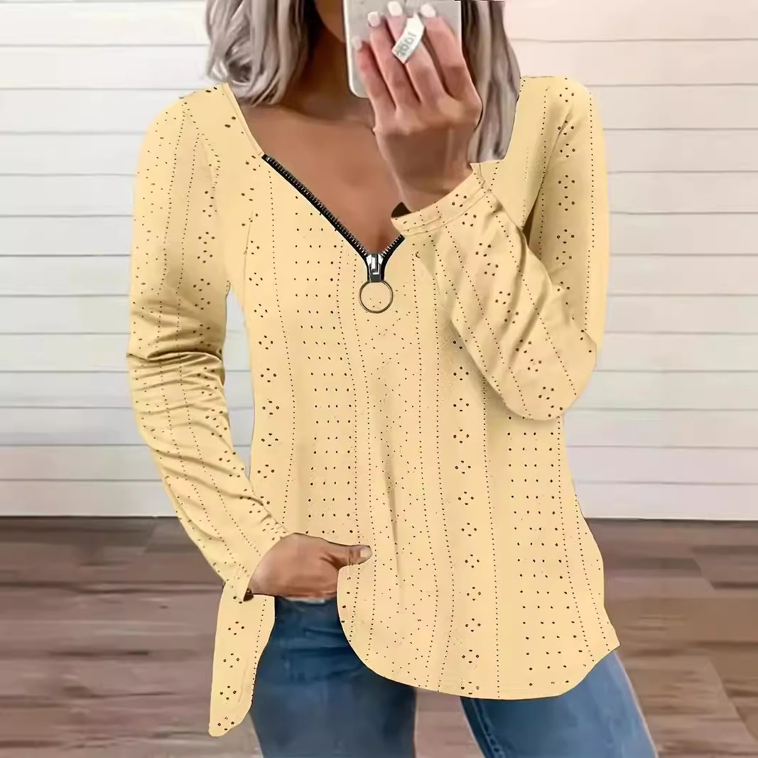 V-Neck Long-Sleeve Jacquard T-Shirt