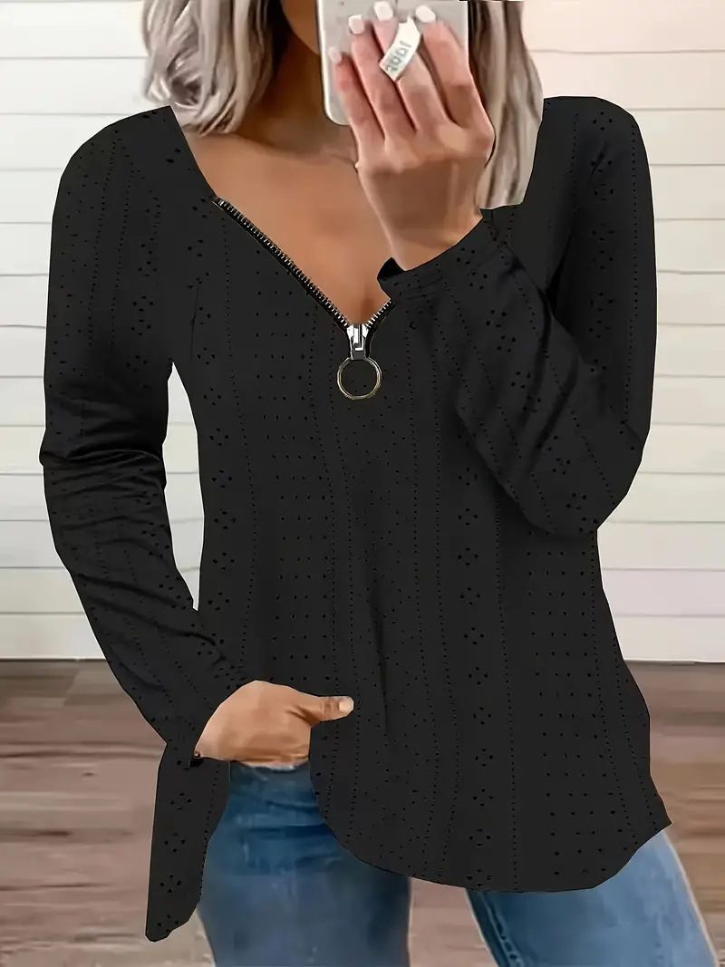 V-Neck Long-Sleeve Jacquard T-Shirt