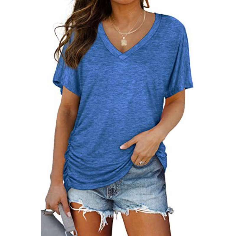 Solid Color Batwing Sleeve V-Neck Side Ruched Short Sleeve T-Shirt