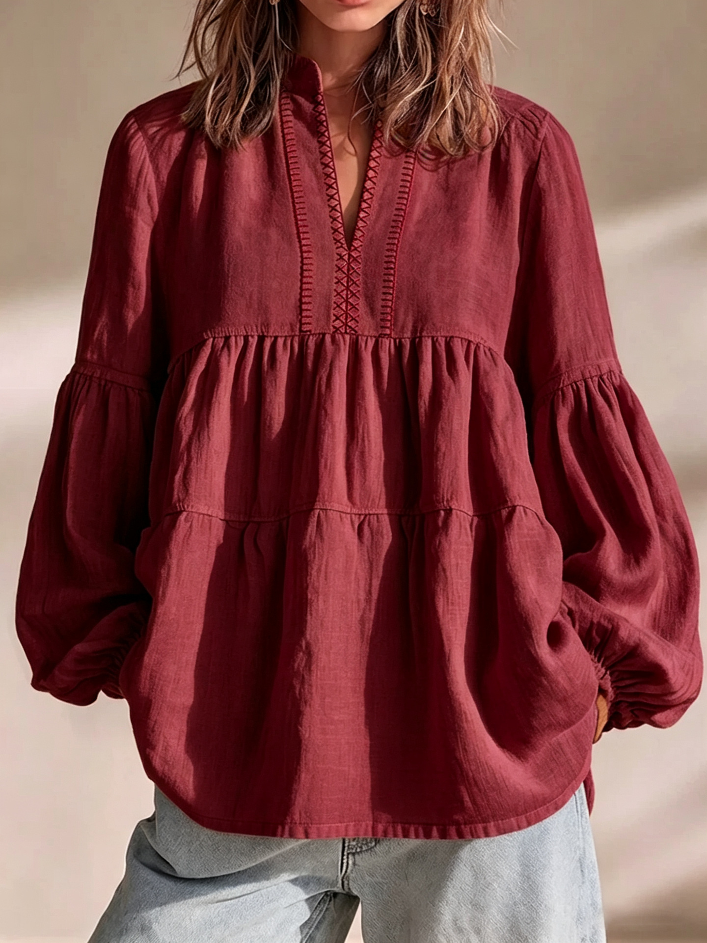 Boho Floral Print Stand Collar Pleated Loose Long Sleeve Top