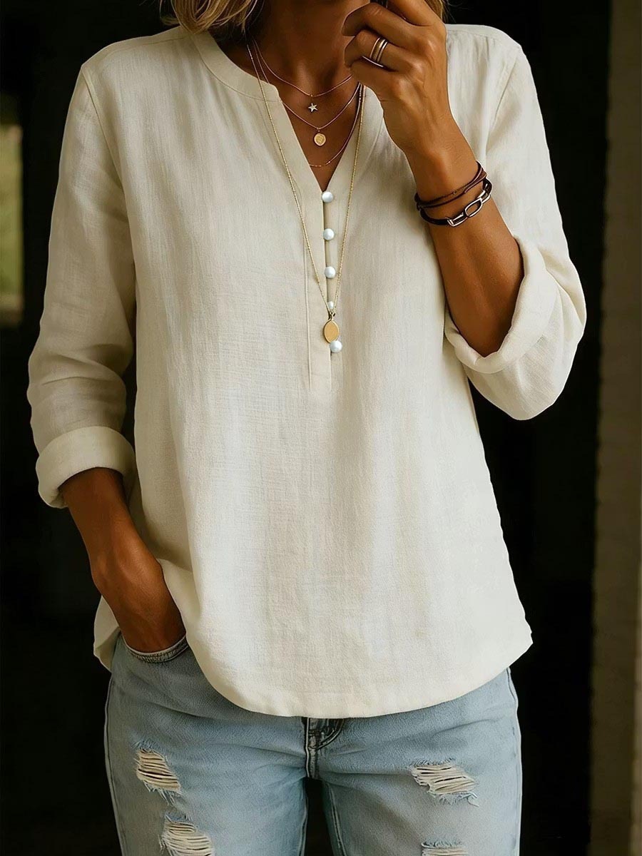 Cotton-Linen V-Neck Button-Front Long-Sleeve Top