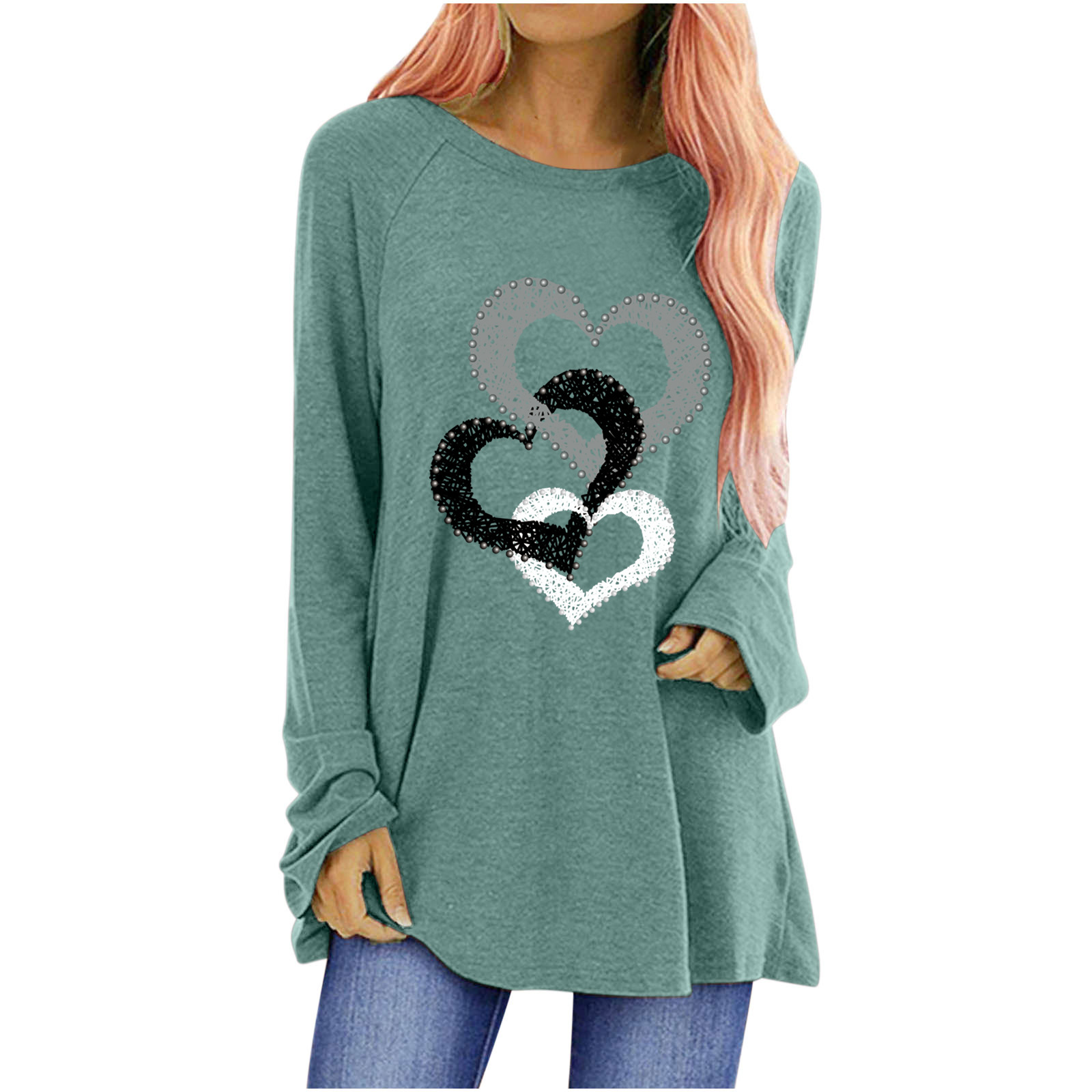 Women's Heart Print Crewneck Long Sleeve Top