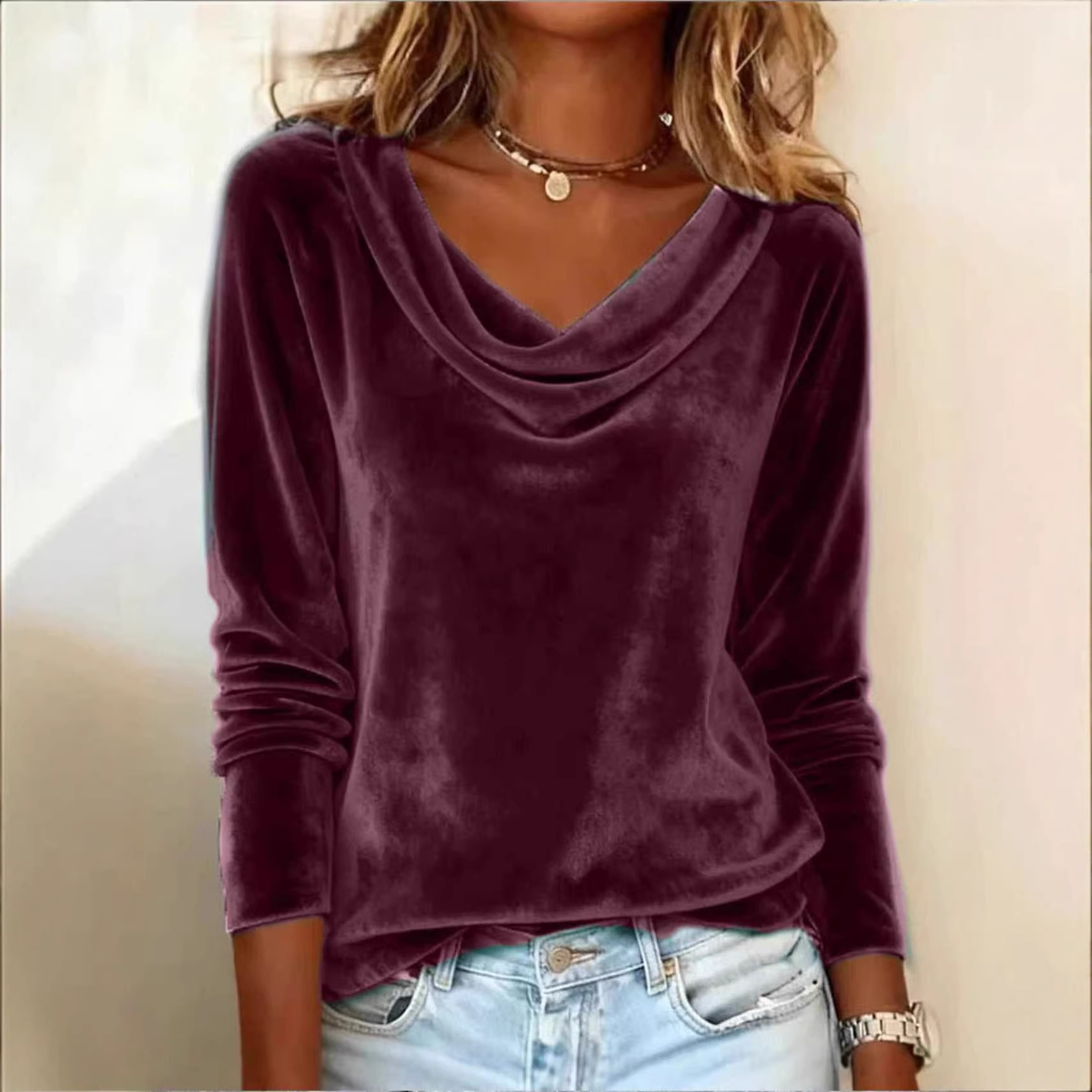Women's Long Sleeve V-Neck Layered Top Solid Color Slim Fit