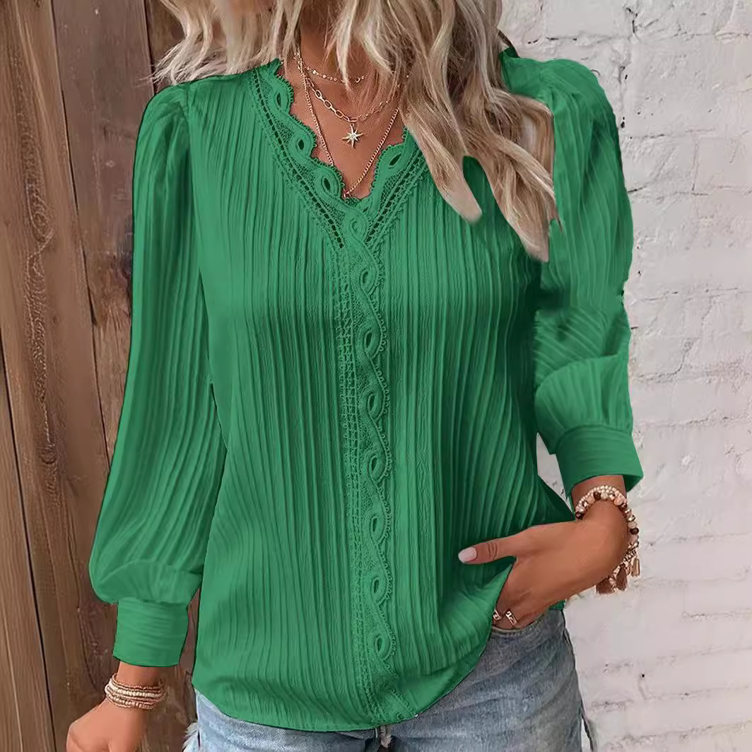 Women's Long Sleeve V-Neck Lace Trim Blouse
